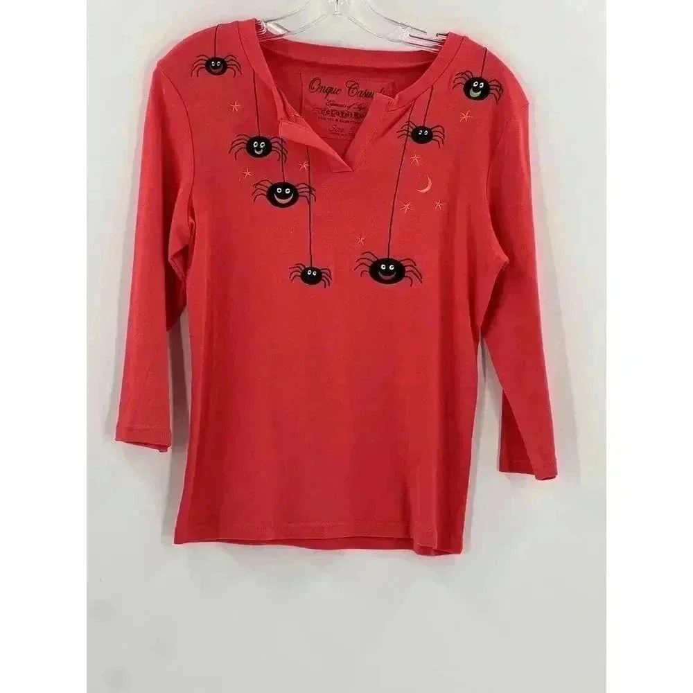 Onque Casuals Top Women's Orange Halloween Spider V Neck Blouse Easy Wear SMALL - Picture 3 of 10